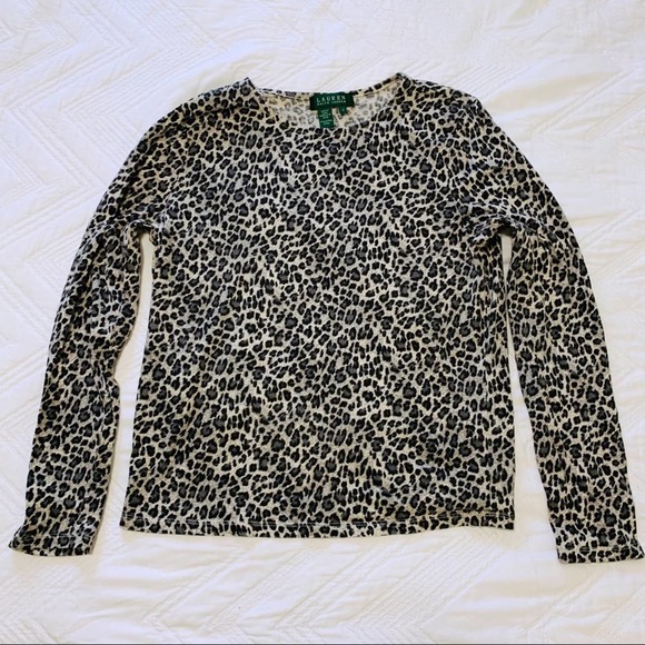 Ralph Lauren grey gray long sleeve leopard cheetah print tee t-shirt top Small - Picture 1 of 6